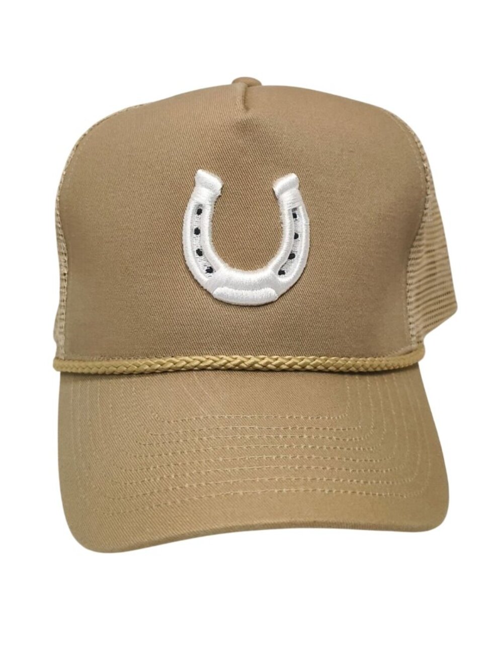 Mens Tan Trucker Hat Horseshoe Embroidery ASIAB Mesh Cord Front Snapback